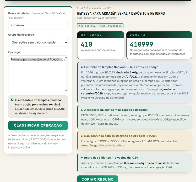 Classificador NOTA mostrando CST 410 e cClassTrib 410999 para remessa a armazém geral, com avisos de armadilha